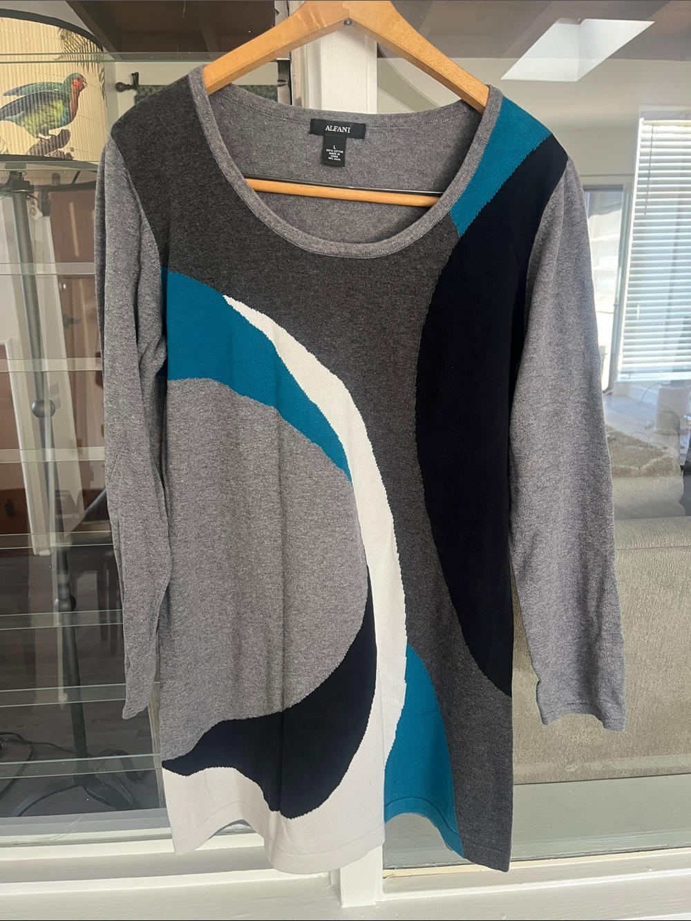 Alfani Women’s Gray Teal Black & White Colorblock Long Sleeve Tunic
